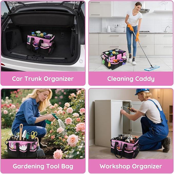 ZKOO Large Cleaning Caddy Bag with Handle, Built-in Sturdy Support Board, Adjustable Shoulder Strap, Multi-compartment Design Cleaning Supply Tote for Cleaners & Housekeepers (Pink) - NeatNest
