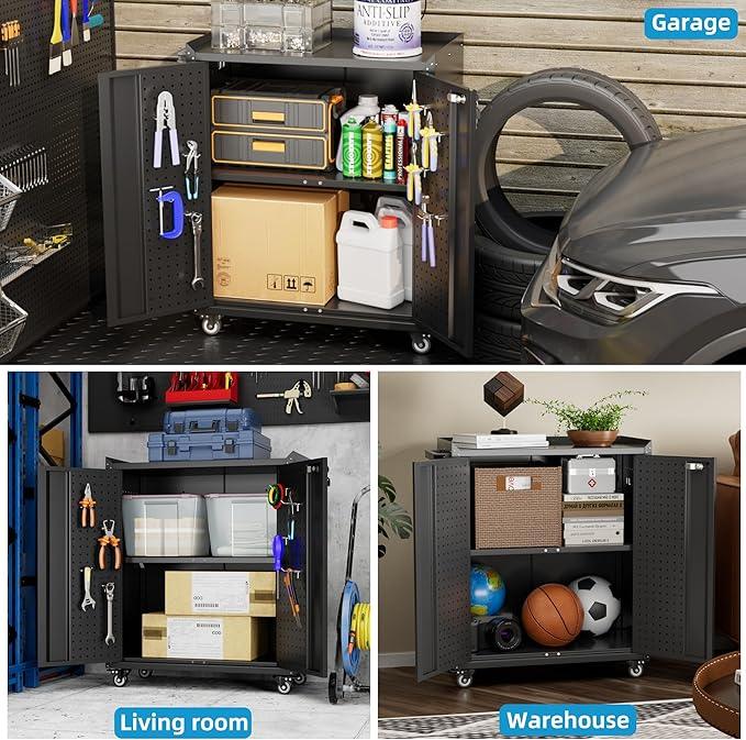 SUXXAN Metal Storage Cabinet with Wheels, Rolling Storage Cabinet with 2 Doors and Adjustable Shelves, Pegboard and 4 Hooks, Suitable for Garage, Home, Office, School, Black - NeatNest