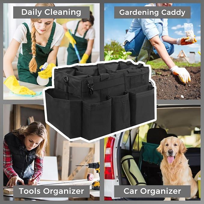 Wearable Cleaning Caddy Organizer with Handle & Shoulder Straps for Housekeepers, Under Sink & Car Cleaning Tool Organizer Bag with 4 Foldable Dividers (Black) - NeatNest