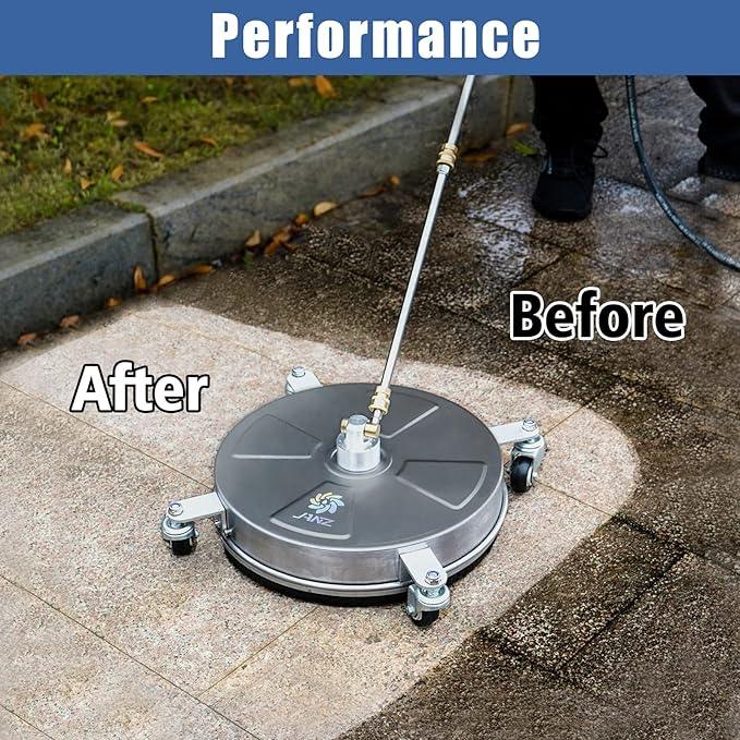JANZ 16" Pressure Washer Surface Cleaner with 4 Wheels, Stainless Steel Housing, 1/4" Quick Plug, 2 Extension Wand Attachments, 2 Replacement Nozzles and 3 Spray Nozzles, 4000 PSI - NeatNest