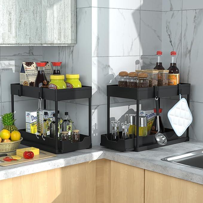 2 Pack Under Sink Organizer, 2 Tier Bathroom Cabinet Organizer with Sliding Basket, Multi-Purpose Under Sink Organizers and Storage for Bathroom Kitchen (Black 2 Pack) - NeatNest