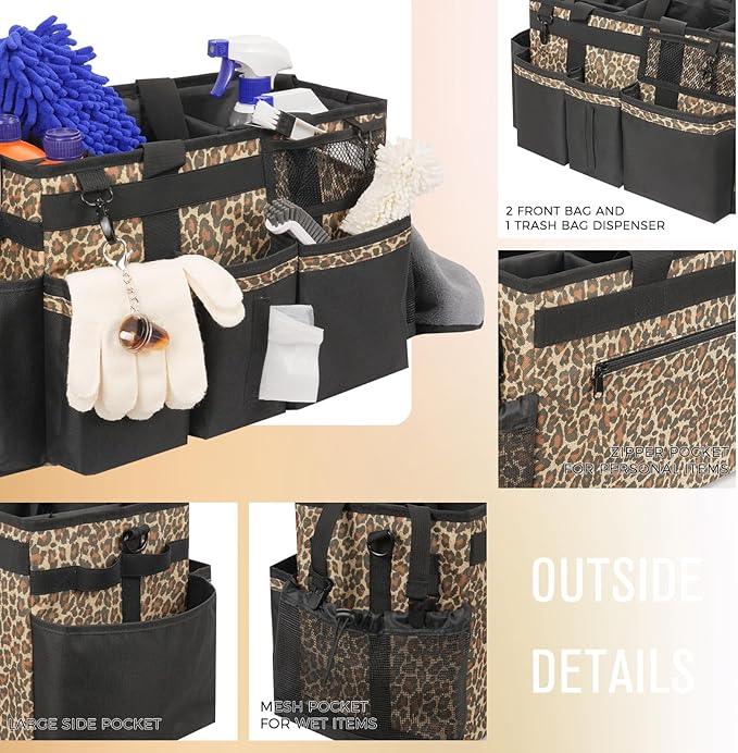 Wearable Cleaning Caddy, Cleaning Caddy Supplies Organizer with Handle & Shoulder Straps for Housekeepers, Under Sink & Car Cleaning Tool Organizers Bag with 4 Foldable Divider (Leopard) - NeatNest