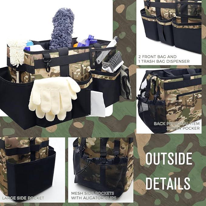 Wearable Cleaning Caddy Organizer with Handle & Shoulder Straps for Housekeepers, Under Sink & Car Cleaning Tool Organizer Bag with 4 Foldable Dividers (Camouflage) - NeatNest
