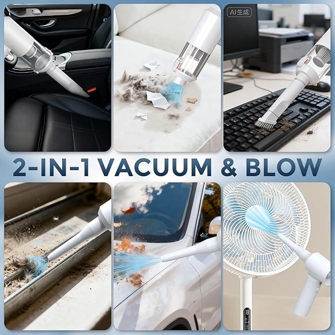 Car Vacuum Cordless: 12000Pa 2 in 1 Handheld Vacuum & Blower - Hand Vacuum Portable Cordless with Led Light, Multi-Nozzles for Car, Home, Office, Pet, Hair White - NeatNest