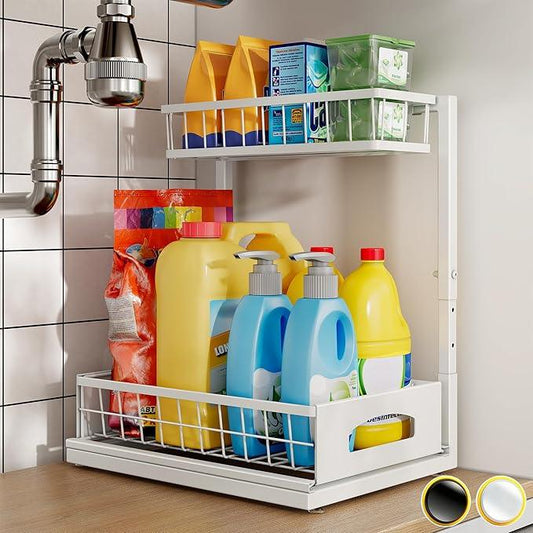 Under Sink Organizer and Storage, Height Adjustable Cabinet Organizer with Slide Out Drawer, Pull Out Under Sink Storage, Multi-Purpose 2 Tier Sink Shelves for Kitchen Bathroom Pantry (White, 1 Pack) - NeatNest