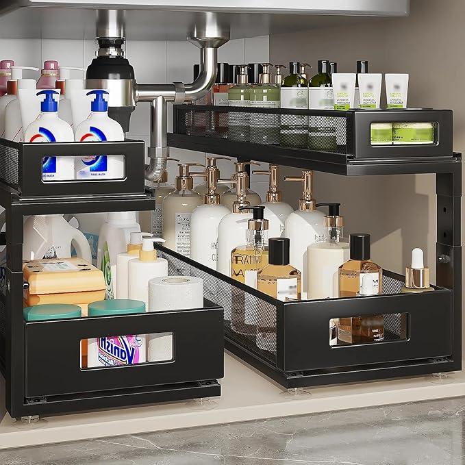 2 Pack 21.3IN-Depth Under Sink Organizer with Next-Gen Ball-Bearing Slides,2-Tier Pull Out Cabinet Storage,Height Adjustable Drawer Shelf for Bathroom,Kitchen,Laundry,Cabinet,Pantry-Black - NeatNest