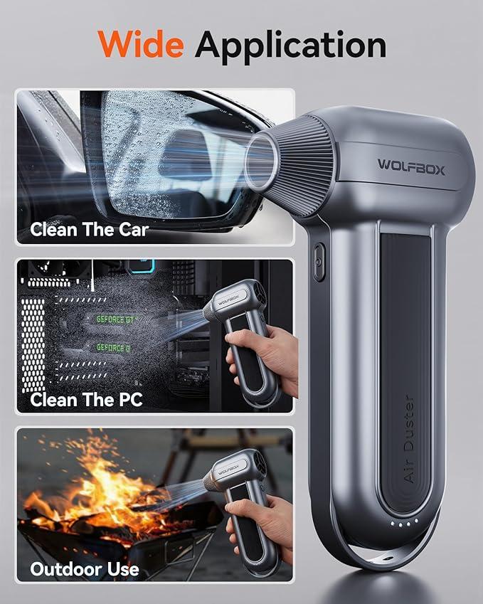WOLFBOX MF100 Electric Air Duster-150000RPM Super Power Cordless Air Duster, Rechargeable Brushless Motor Durable Blower, 3-Gear Adjustable Dust Blower for Computer, Keyboard, Outdoor, House and Car - NeatNest