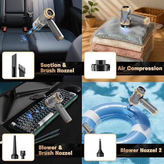 Car Vacuum Portable Cordless, 20000PA High Power Vacuum Cleaner, Brushless Motor, 3-Speed Modes, 4 in 1 Compressed Air Duster, Air Blower, Pump Handheld Vacuum for Car, Home, Office, Camping - Grey - NeatNest