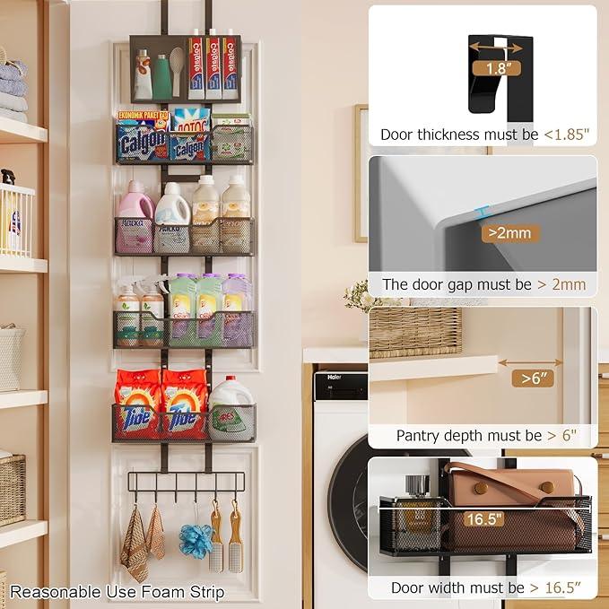 Adjustable Over The Door Organizer, Metal Hanging Door Storage with 4 Metal Baskets and PVC Pocket, Closet Door Organizer for Bathroom Bedroom Cabinet, Black - NeatNest