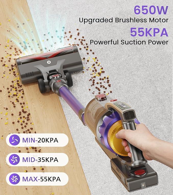 NADALY Cordless Vacuum Cleaner, 650W 55KPA 70Mins Vacuum Cleaners for Home, Anti-Tangle, Self-Standing Stick Vacuum Cordless Rechargeable, Lightweight Vacuum for Hardwood Floors/Pet Hair/Carpet - NeatNest