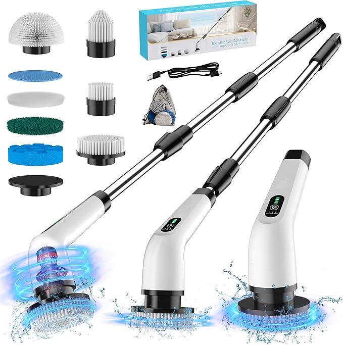 Electric Spin Scrubber - 120Min Cordless Shower Bathroom Cleaner with 8 Brush Heads | 440 RPM Power Scrubber (3-Speed) & Adjustable Extension Handle for Cleaning Bathtub, Tile, Grout - NeatNest
