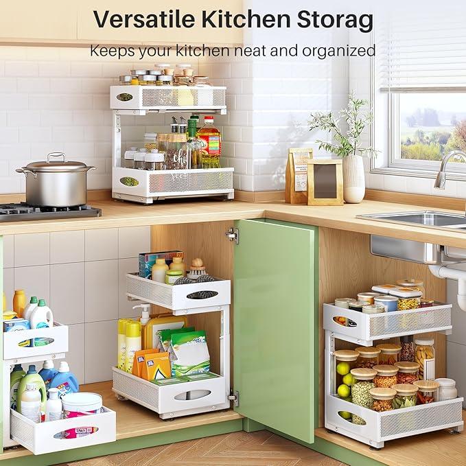 Under Sink Organizer, 2 Pack 2 Tier Pull out Cabinet Organizer Baskets with Mesh Sliding Drawers, Slide out Sink Storage Shelves for Kitchen, Bathroom, Pantry, Cabinet Organizers and Storage(White) - NeatNest