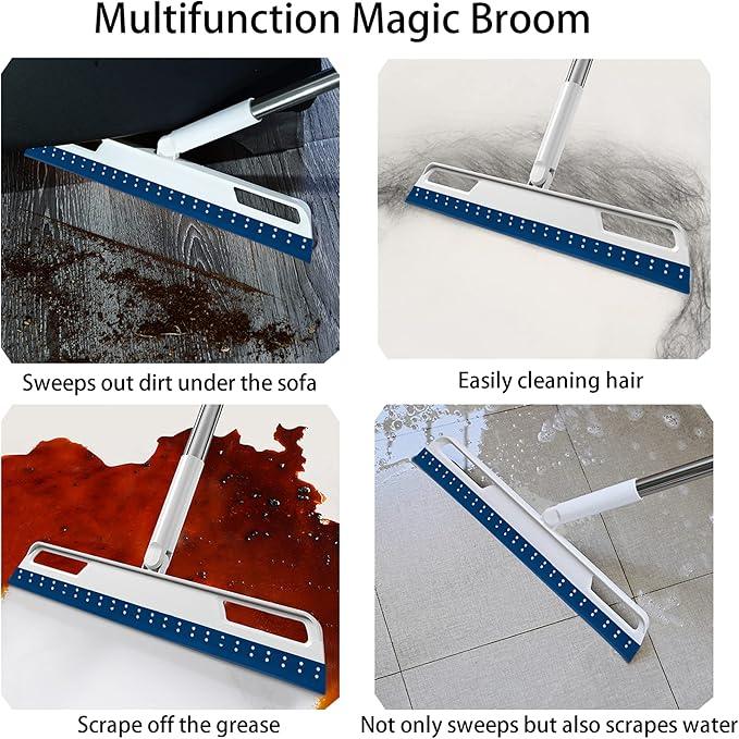 Multifunction Magic Air Broom, Silicone Broom with 56" Long Handle, 4 in 1 Rubber Squeegee Sweeper for Floor Bathroom Kitchen Shower Tile Pet Hair Fur Marble Glass Water Window Foam Cleaning (Blue) - NeatNest
