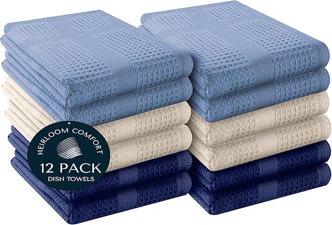 12 Pack Multi Color Waffle Weave Kitchen Towels, 16x26 Inch, 100% Cotton, Super Absorbent, Quick Dry, Hand Towels for Drying Dishes, Cleaning, Durable - Sky Blue, Ivory, Indigo Blue - NeatNest