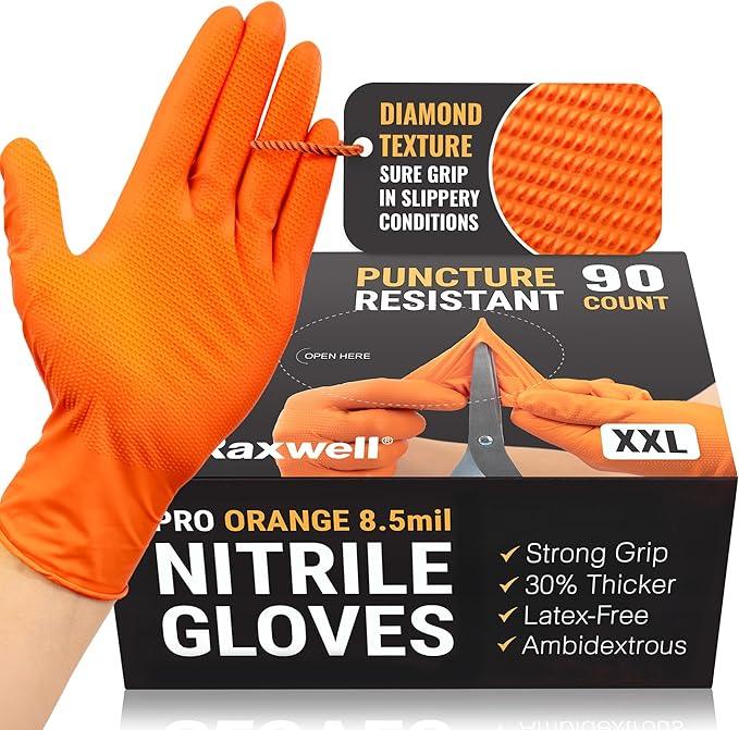 Raxwell Orange Nitrile Gloves 8.5 Mil - Powder-Free Puncture-Resistant Protection - Diamond-Texture Work Gloves with Grip - NeatNest