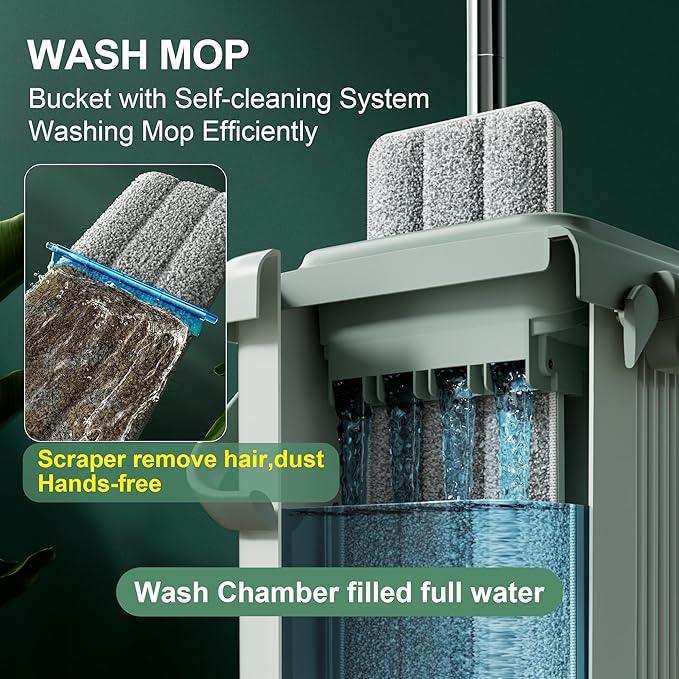 JOYMOOP Mop and Bucket with Wringer Set, Flat Squeeze Mop with Bucket (X-Large), Dust Mop for Wall Cleaner with Long Handle, Microfiber Mop - Green Bucket with 3 Reusable 15" Pads - NeatNest