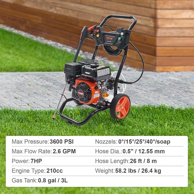 VEVOR Gas Pressure Washer, 3600 PSI 2.6 GPM, Gas Powered Pressure Washer with Copper Pump, Spray Gun and Extension Wand, 5 Quick Connect Nozzles, for Cleaning Cars, Homes, Driveways, Patios - NeatNest