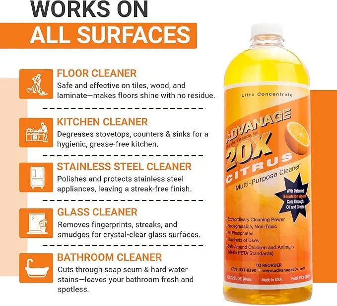 Advanage 20X Household Cleaner Concentrate Refill, 32 oz | Citrus All Purpose Cleaner | Multi Surface Dilute for Floors, Carpets, Glass, Counters, Appliances, and General Home Cleaning, USA Made - NeatNest