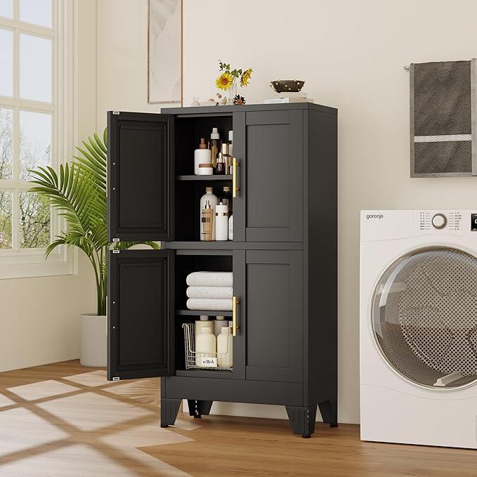 47“H Black Metal Bathroom Storage Cabinet, Kitchen Pantry Cabinet with Doors and 3 Adjustable Shelves, Bathroom cabinets Organizer, for Home Office, Bedroom - NeatNest