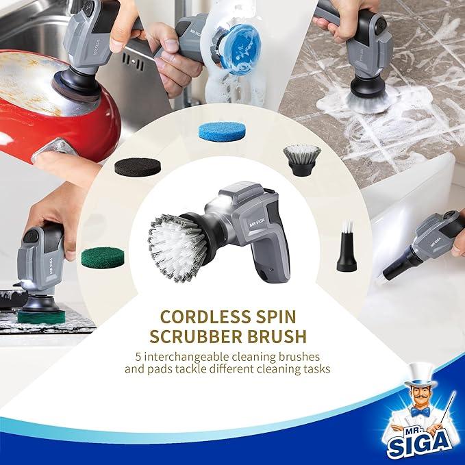 MR.SIGA Electric Spin Scrubber for Kitchen and Bathroom Cleaning, Waterproof Rechargeable Cordless Spin Scrubber with 5 Replaceable Cleaning Brushes and Pads - NeatNest