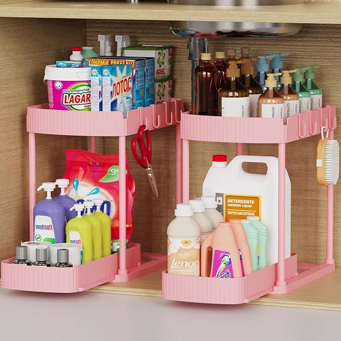 2 Pack Multi-Purpose Pull-Out Storage Organizers, Under Sink Organizers and Storage for Bathroom & Kitchen, Under Cabinet Organizers and storage, 14.8 Inch, Pink - NeatNest
