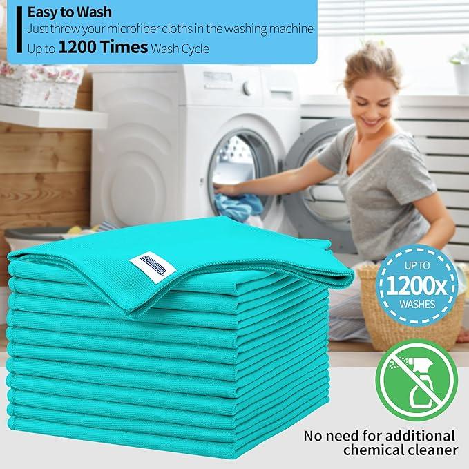 HOMERHYME Microfiber Cleaning Cloth, 12 Pack Window Glasses Cleaning Cloth, Reusable Lint-Free Streak Free Polishing Cloth Wipes for Stainless Steel, Eyeglass, Mirror, Screen & Lense, Turquoise - NeatNest