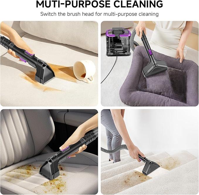 New Multi-Portable Carpet and Upholstery Cleaner, 21Kpa Carpet Cleaner Machine, Deep Stain Cleaning for Carpet, Car Seats, Pets, Couches, with Dual Brush & Large Removable Tank(Purple) - NeatNest