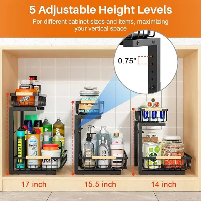 REALINN Under Sink Organizer, 2 Pack Height Adjustable Under Sink Organizers and Storage, 2 Tier Pull Out Drawer Cabinet Storage for Kitchen Bathroom - NeatNest