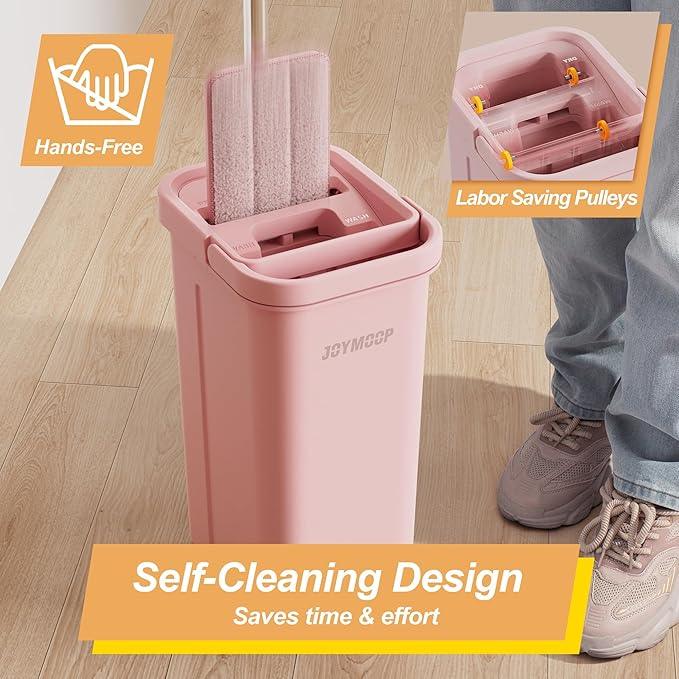 JOYMOOP Pink Mop and Bucket with Wringer Set for Home, with 3 Reusable Microfiber Mop Pads, Hands-Free Self-Cleaning System, Suitable for Floor Cleaning and Wall Cleaner - NeatNest