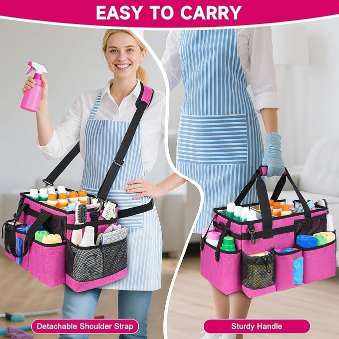 Cleaning Caddy Bag, Large Cleaning Supplies Organizer for Housekeepers, Housekeeping Caddy with Handle and Detachable Padded Cushion, Pink - NeatNest