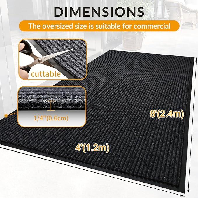 LVETOLS 4' x 8' High Traffic Guard Doormat, Commercial Grade Door Floor Mat Striped Brush Step Entrance Mat with Rubber Backing, Low Profile Commercial Rugs for Entryway, Easy to Clean(Jet Black) - NeatNest