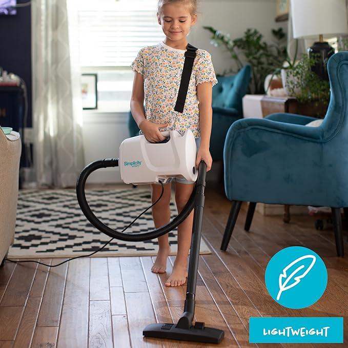 Simplicity Vacuums Sport Small Canister Vacuum Cleaner for Stairs with Carry Strap, Hard Floor Vacuum with Attachments and Storage Bag, Compact RV Vacuum Cleaner, White, S100.6 - NeatNest