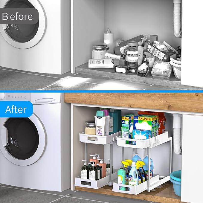 Under Sink Organizers and Storage, 2 Pack Large Capacity Heavy Load Double Pull-out Under Sink Shelves with Sliding Drawer for Kitchen and Bathroom, White - NeatNest