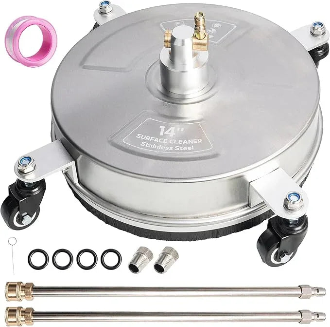 Hourleey 14" Pressure Washer Surface Cleaner, Stainless Steel Surface Cleaner with 4 Wheels for Concrete, Patio, Sidewalk, Deck, Pathway 1/4" Quick Connector, 2 Extension Wand, 4000 PSI - NeatNest
