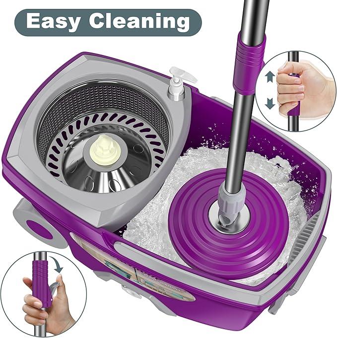 Dual Compartment Spin Mop and Bucket, Mop and Bucket with Wringer Set,360°Rotating Spinning Mopping for Floor Cleaning with 6 Microfiber Replacement Heads, 61" Extended Handle, 2X Wheel - NeatNest