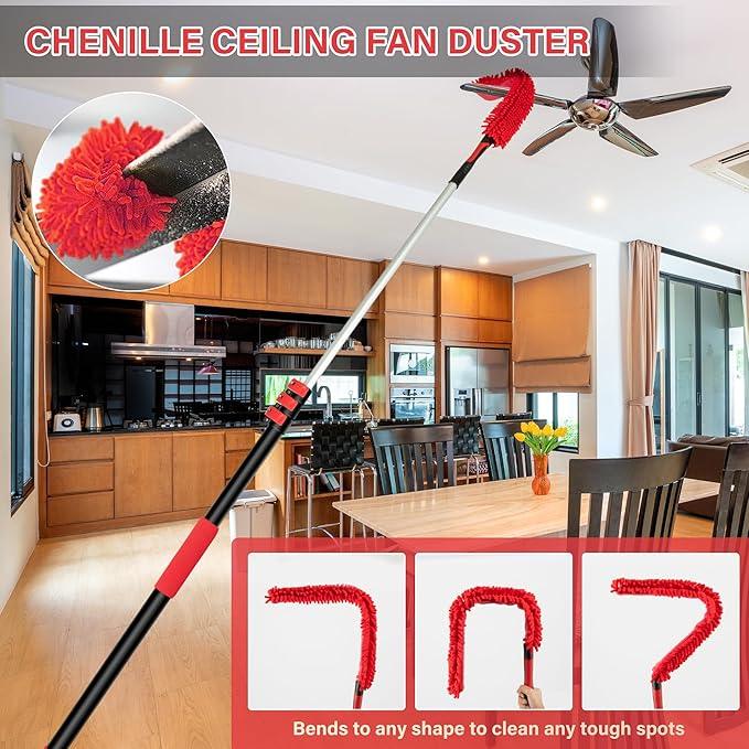 5-12 FT Extension Pole with 2 Outdoor Cobweb Brushes, 20 FT High Reach Ceiling Fan Cleaner Duster for Home, 12 FT Extendable Pole with 4 Pcs Dusting Tools, Cubweb Dusters, Feather Dusters, Fan Duster - NeatNest