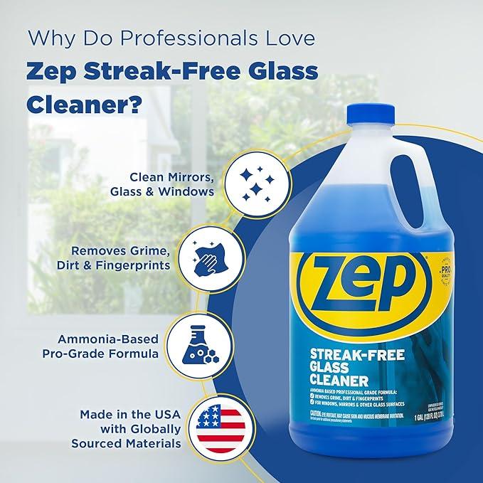 Zep Streak-Free Glass Cleaner - 1 Gallon (Case of 4) ZU1120128 - Professional Grade Formula that Cleans Dirt, Fingerprints, Grime, Smoke Haze, and Toothpaste on Windows, Mirrors, and Other Glass - NeatNest