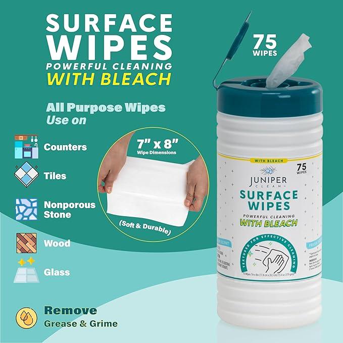 4 Pack Surface Cleaning Wipes with Bleach, All-Purpose Cleaner for Bathroom, Kitchen, Office, 300 Count Canister, 7.5" x 7" Sheet, Fresh Scent, Lint Free & Durable - NeatNest