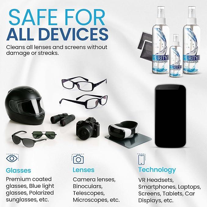 Purity Eyeglass Lens Cleaner Kit - 2 x 8oz and 1 x 2oz Lens Cleaner Spray Bottle + 2 Microfiber Cleaning Cloths - Safe for All Lenses (AR Coated Included), Eyeglasses and Screens - Clear - NeatNest