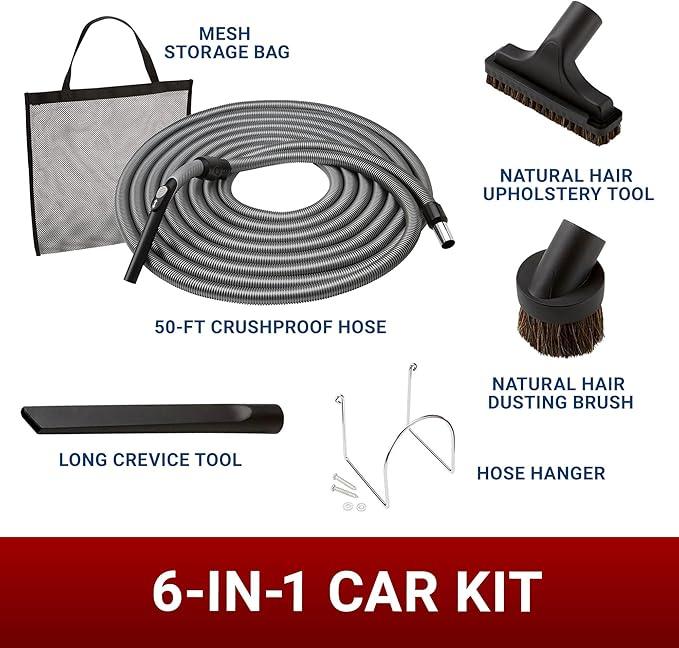 Central Vacuum System Car Care Attachment Set for Interior Car Cleaning. Includes 50FT Crushproof Hose, Natural Hair Dusting Brush, Long Crevice Tool, Mesh Storage Bag and More - NeatNest