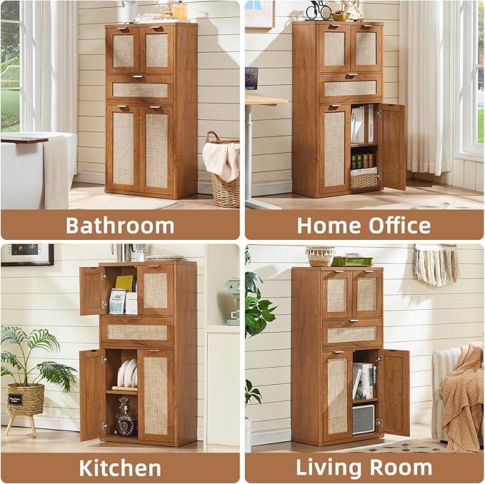 LEYAOYAO 48" Tall Storage Cabinet Set of 2,Rattan Bathroom Floor Cabinets with 4 Doors & 1Drawer,Boho Kitchen Pantry with Adjustable Shelves,Wooden Cupboard for Living Room,Home Office,Brown - NeatNest
