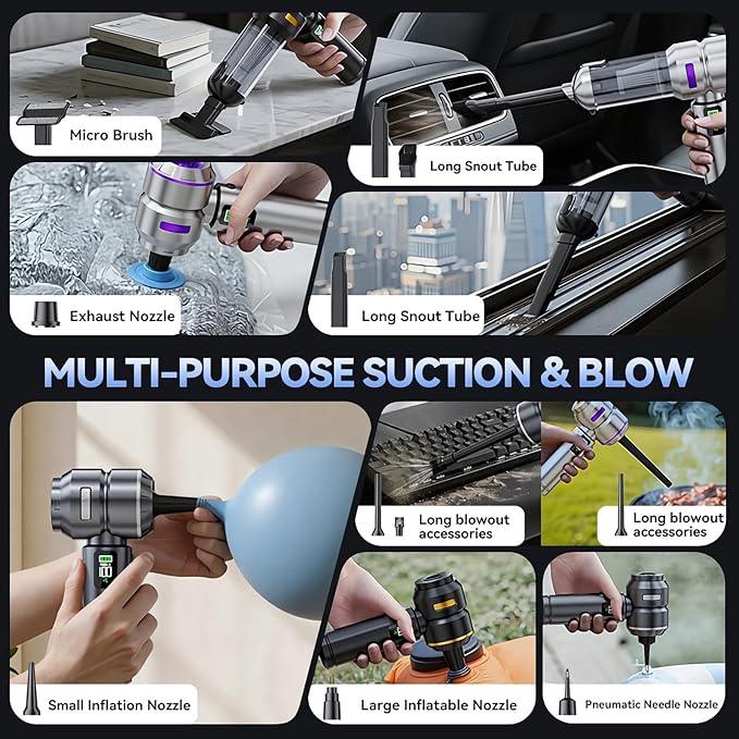 Car Vacuum Cleaner High Power 20000Pa – Cordless Handheld Mini Vacuum & Air Duster for Car Detailing, 3-Speed Brushless Motor, 6000mAh Battery (Black - Fast Charging Edition) - NeatNest