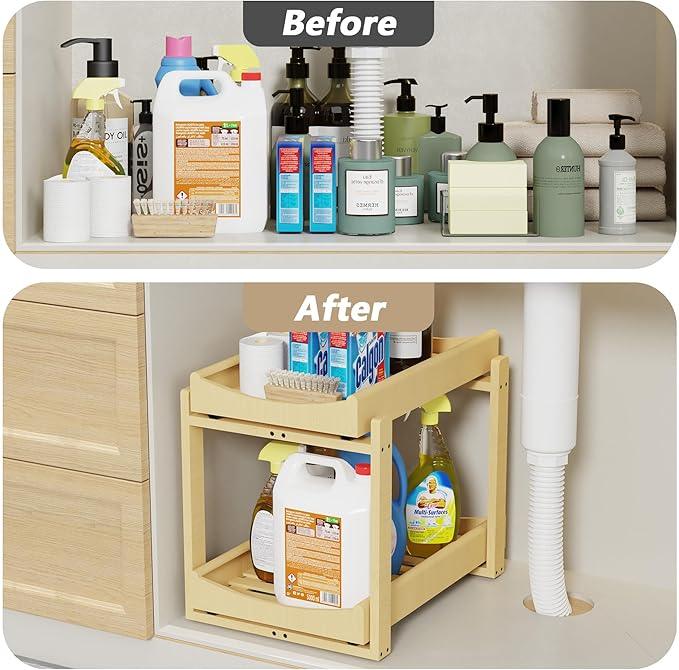 Bamboo Under Sink Organizer Adjustable Height 2 Tier Bathroom Organizer Pull Out Cabinet Storage Kitchen Heave Duty Wood Slide Ou Shelf for Kitchen Bathroom (Nature, 1 Pack) - NeatNest