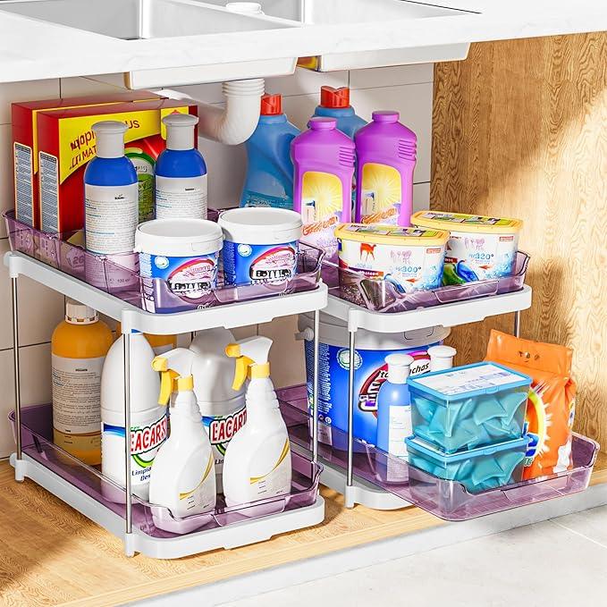 Delamu 2-Tier Multi-Purpose Bathroom Under Sink Organizers and Storage, Stackable Kitchen Pantry Organization, Pull Out Medicine Cabinet Organizer with Movable Dividers, Purple, 2 Pack - NeatNest