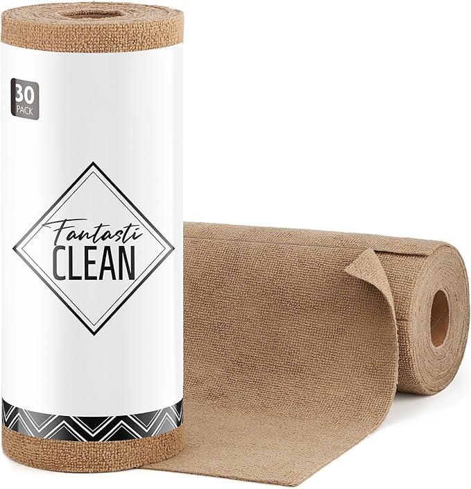 Fantasticlean Microfiber Cleaning Cloth Roll -30 Pack, Tear Away Microfiber Towels, 12" x 12", Reusable, Washable, Scratch Free, Ultra Absorbent Dishcloth for Car, Home Supplies, Pet, Kitchen (TAN) - NeatNest