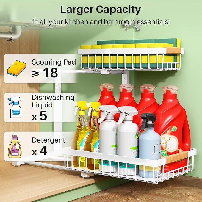 Pull out Cabinet Organizer, 1 Pack Under Sink Organizer, Slide out Metal Kitchen Cabinet Organizers Drawer Shelf, Sliding Storage Shelves for Kitchen Bathroom Pantry Closet Organization Rack(White) - NeatNest