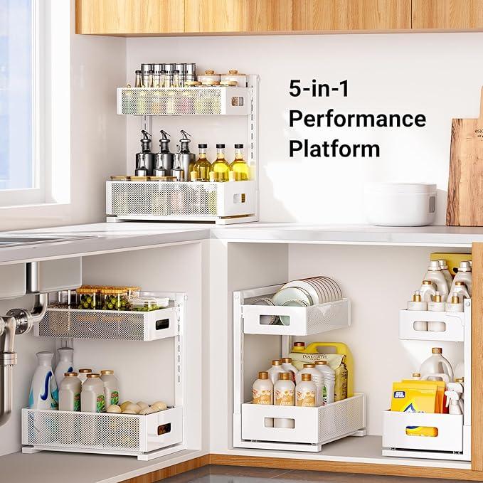 Pull-out Under Kitchen Sink Organizer, Metal Functional Under Sink Organizer, Height Adjustable Under Bathroom Sink Organizer, Under Sink Storage for Kitchen Bathroom Cabinet (White) - NeatNest