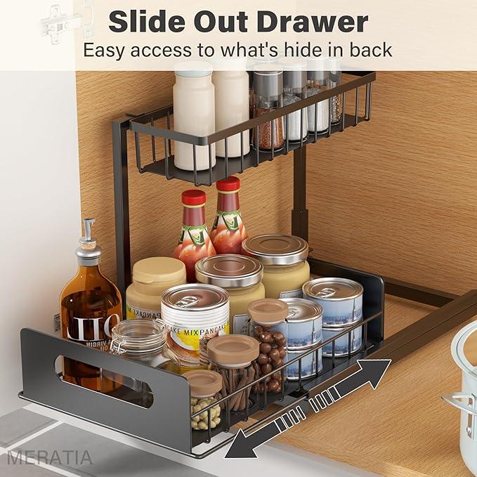 Under Sink Organizer, 2 Tier Pull Out Cabinet Organizer,Slide out Metal Cabinet Organizers Multi-Purpose Drawer Shelf for Kitchen Bathroom Pantry Cabinet Closet Organization Rack,Black - NeatNest