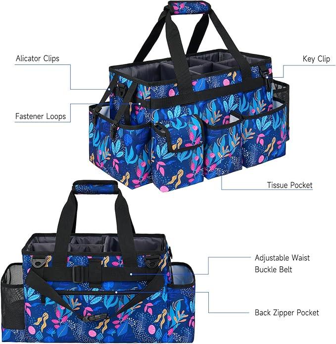 Cleaning Organizer, Large Caddy Bag for Supplies, Housekeeper's Bag with Handle (Blue Leaf) - NeatNest