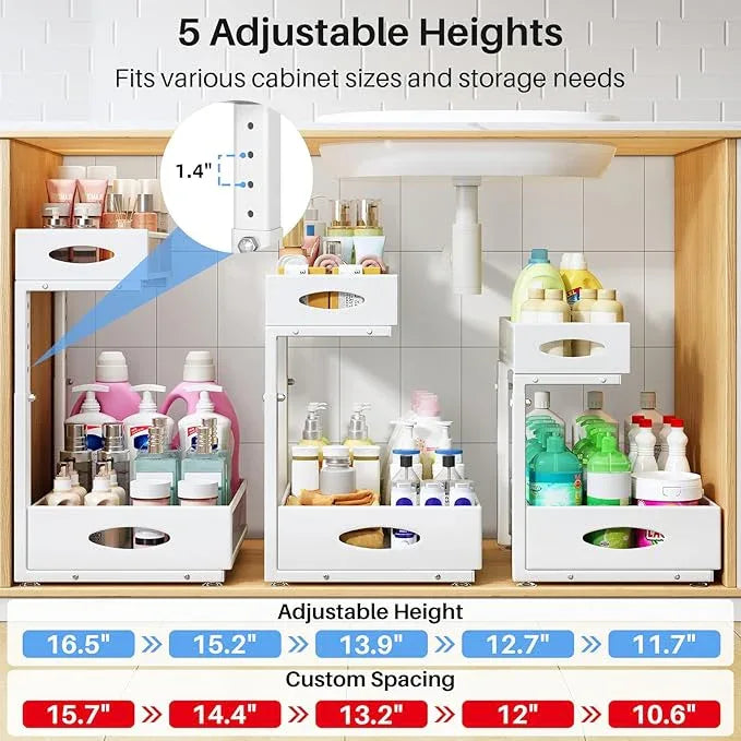 Under Sink Organizer, 2 Pack 2 Tier Pull Out Under Cabinet Organizer Shelf with Pad for Framed Cabinets, Metal Slide Out Under Sink Storage, Mesh Sliding Drawers for Kitchen Bathroom Laundry, White - NeatNest